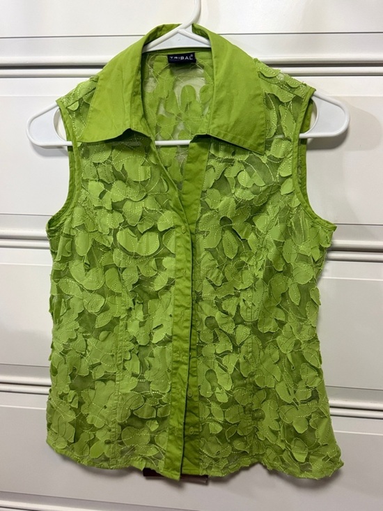 Tribal Tops - Tribal Lime Green Lace Overlay Sleeveless Button-Front Top